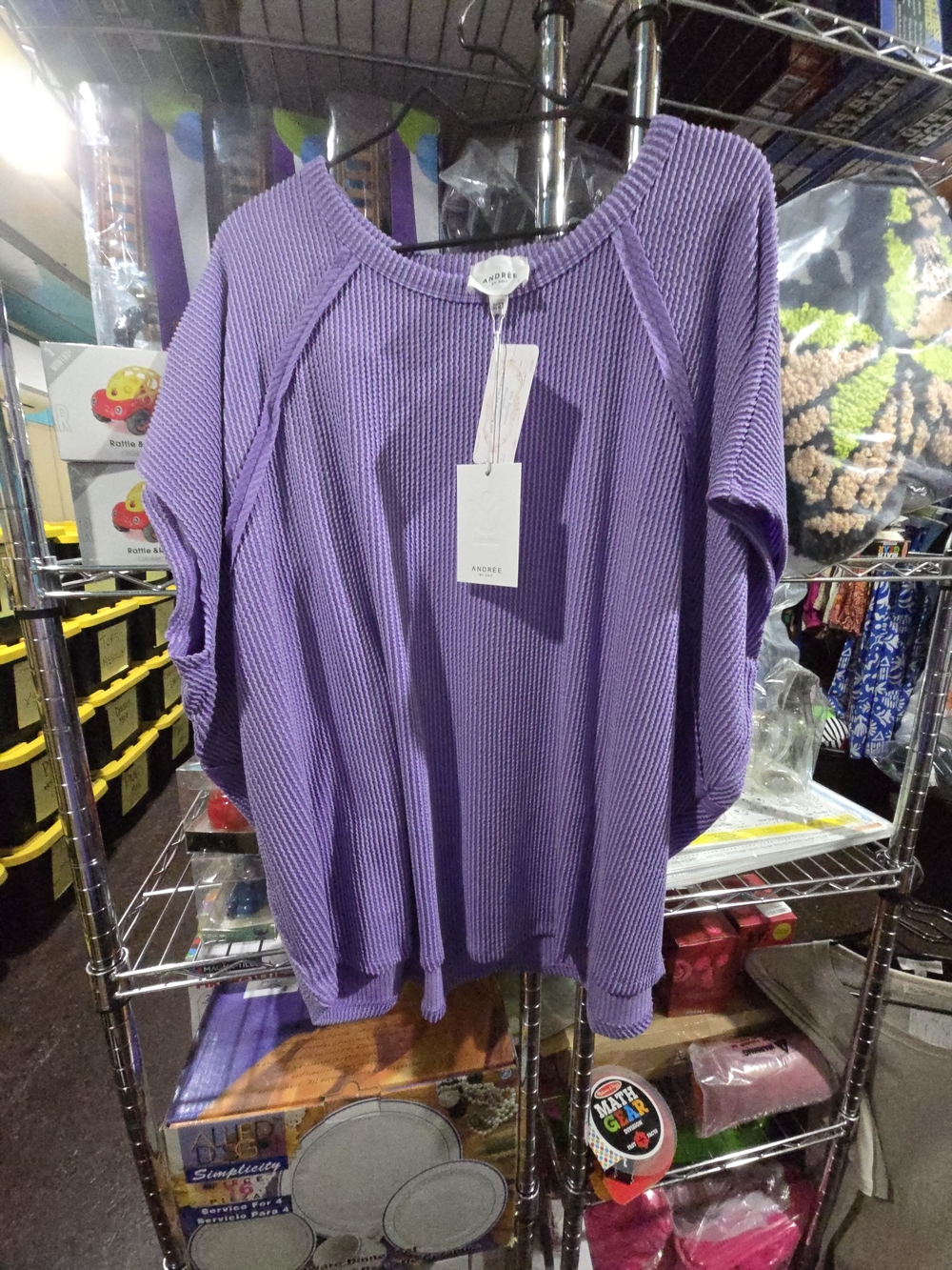 New 1X Andree By Unit Purple Ribbed Short-Sleeve Knit Top